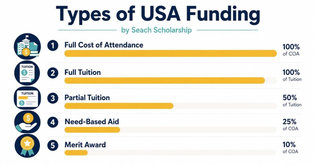 70+ Scholarships in USA for International Students | Complete Guide USA scholarship funding types explained